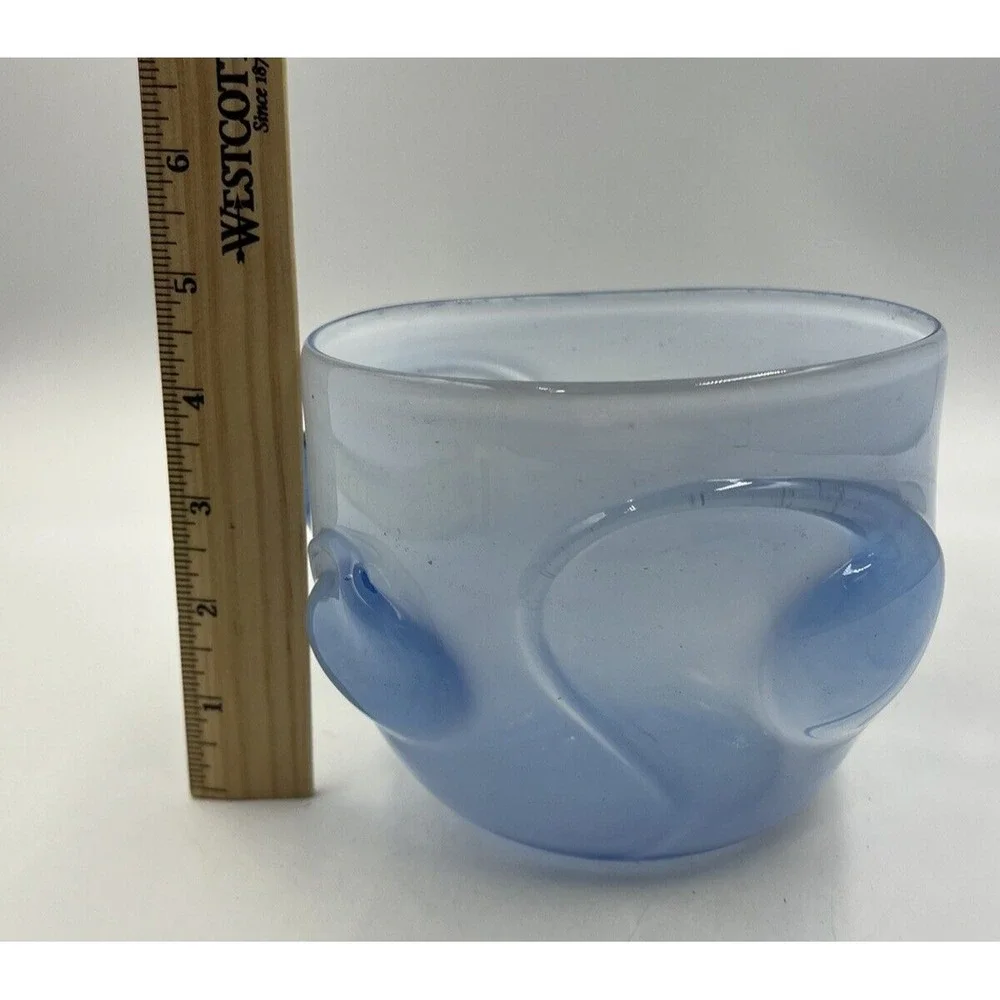 Signed David Hartman Studio Art Glass Bowl Blue Transition Milky Swirl Hand Blow